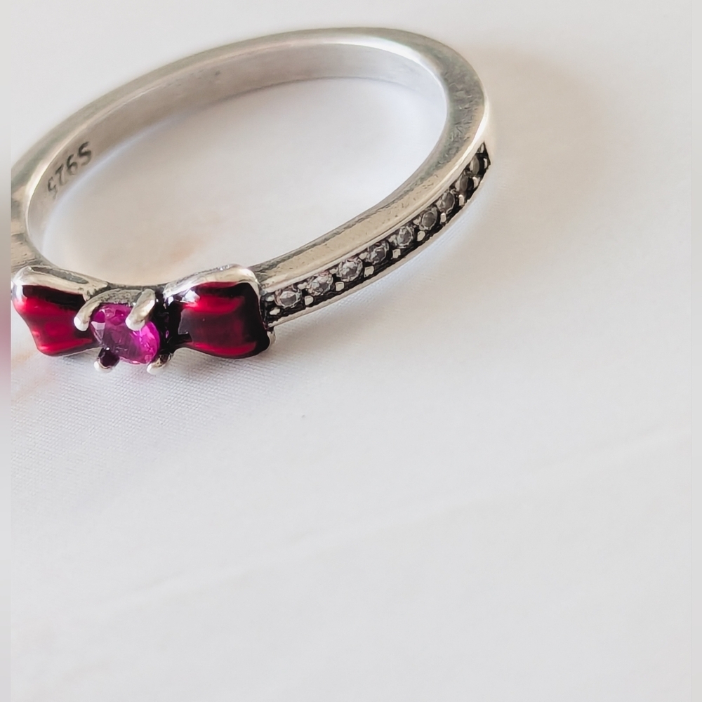 925 Sterling Silver Red Bow Ring Dainty Crystal Coquette Jewelry Size 6.5 - Picture 3 of 6